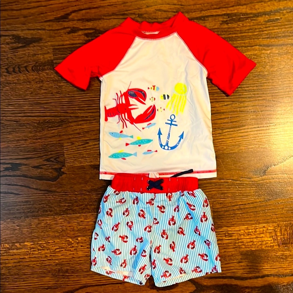 Cat & Jack Red and White Lobster Design Kids Swim Rashguard Set
